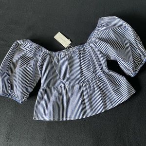 Sim & Sam Junior Top Puff Sleeve Blue & White Stripes Size Medium Crop Cotton
